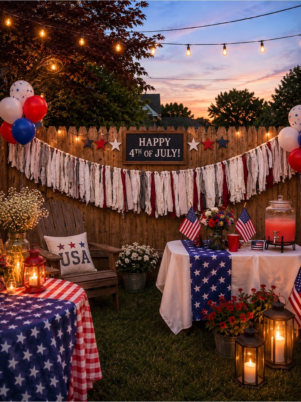 Patriotic 4th of July Fabric Garland Streamer White, Navy, Red Party Decor